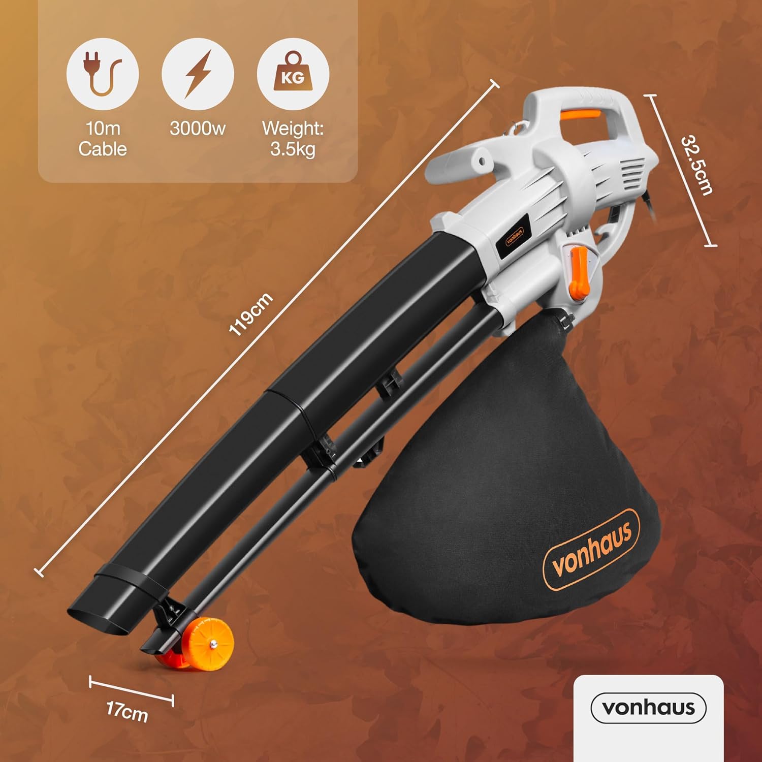 VonHaus 3000W Leaf Blower & Vacuum – 3-in-1 Garden Cleaner with 35L Bag