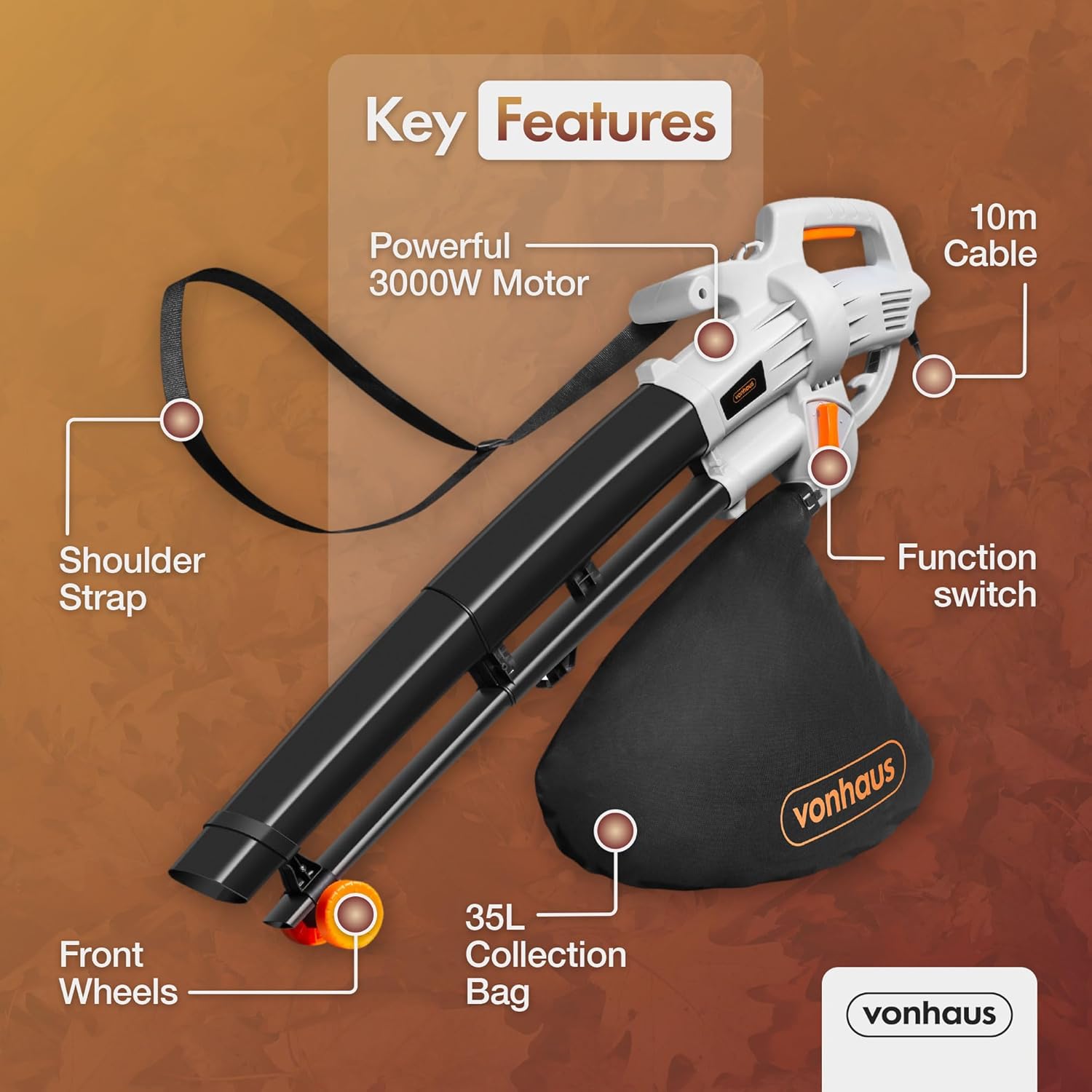 VonHaus 3000W Leaf Blower & Vacuum – 3-in-1 Garden Cleaner with 35L Bag